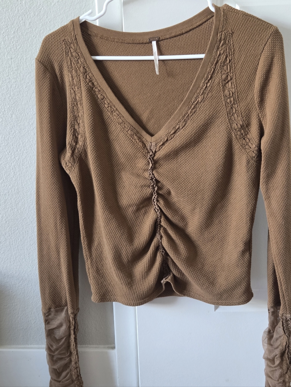 Free People Wear Me Out Ruched Lace Sleeve Top